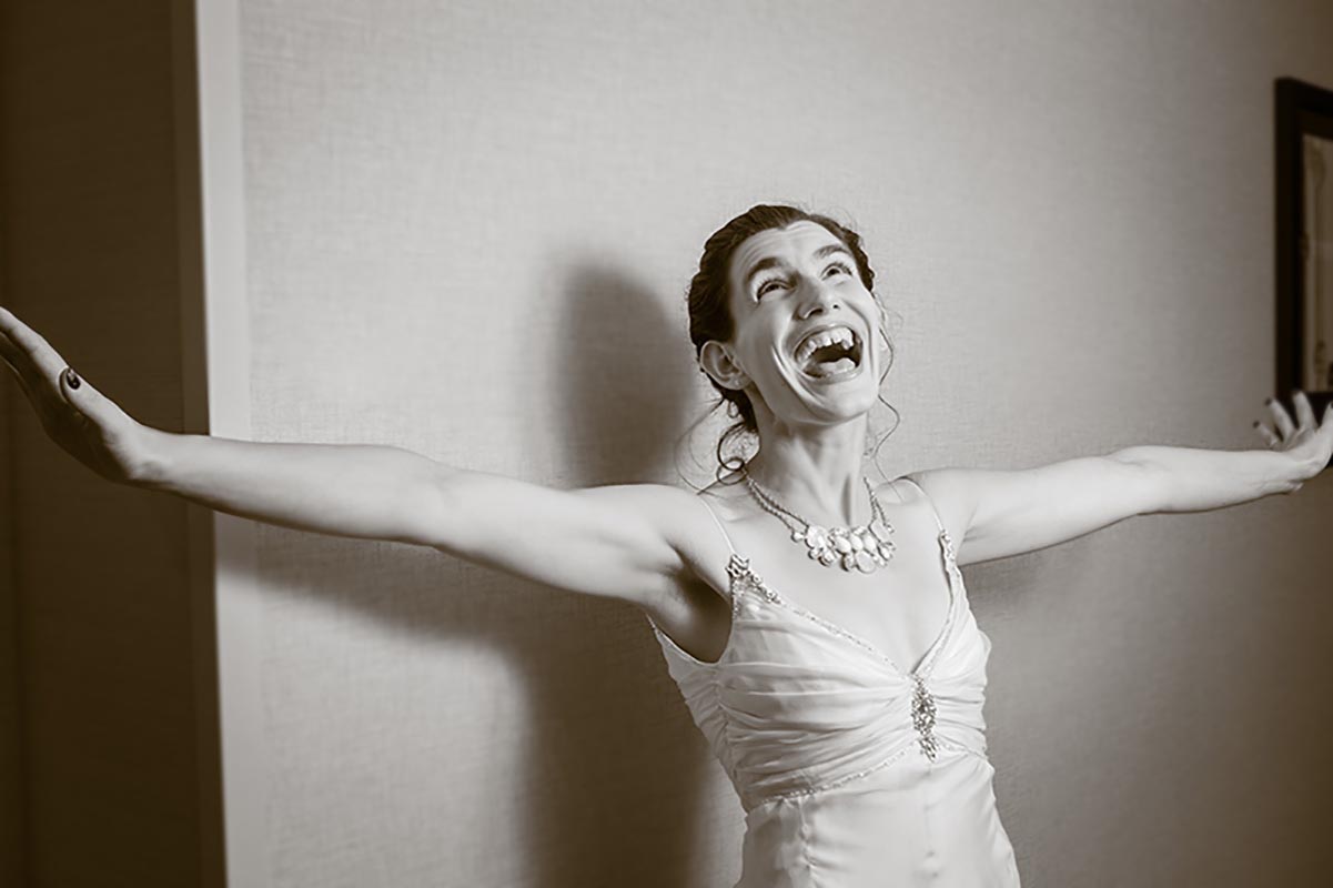 Happy Bride, Hotel Hallway, Sepia, After Bridal Prep